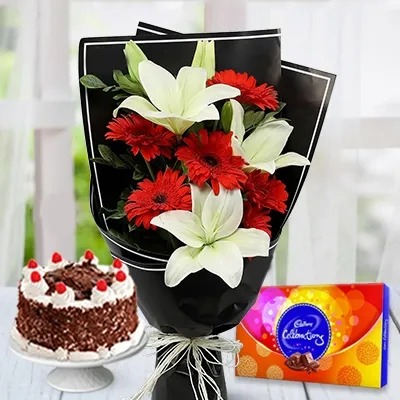 Lilies & Gerberas Bouquet & Celebration With Cake